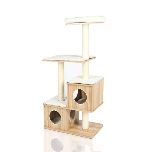 LAZY BUDDY Cat Tree, 54 Wooden Modern Cat Tower, 4 Levels for Cat's Activity, Cat Furniture with Removable and Washable Mats for Kittens, Large Cats and Pets (Small)