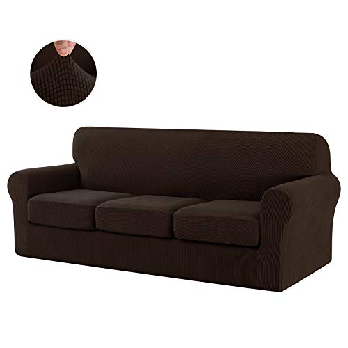 CHUN YI Stretch Sofa Slipcover Separate Cushion Couch Cover, Armchair Loveseat Replacement Coat for Ektorp Universal Sleeper, Checks Spandex Jacquard Fabric (Large,Chocolate)