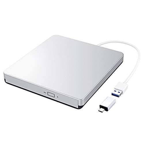 TOPELEK External DVD Drive for Laptop, USB 3.0 and Type-C CD/DVD Portable Player ROM RM Reader Writer Compatible with Windows XP/7/8/Vista/10 Linux Mac  Silver