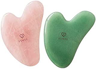 Gua Sha Facial Tool Set by Esmee 2 in 1 Premium Massage Therapy Tools Jade and Rose Quartz Guasha Face Massage Tool Anti-aging Beauty Therapy for Skin Rejuvenation Face Scraping Tools (Heart Shape)