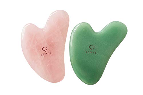 Gua Sha Facial Tool Set by Esmee 2 in 1 Premium Massage Therapy Tools Jade and Rose Quartz Guasha Face Massage Tool Anti-aging Beauty Therapy for Skin Rejuvenation Face Scraping Tools (Heart Shape)