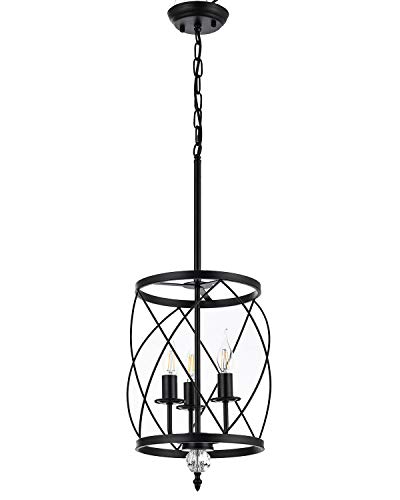 Modern Chandelier Foyer Pendant Light, Cylinder Metal Shade Kitchen Industrial Candle Pendant Lighting Fixture for Farmhouse Hallway, E12 Base, 9.1 in Dia, Black