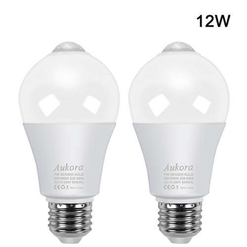 Motion Sensor Light Bulbs, Aukora 12W (100-Watt Equivalent) E26 Motion Activated Dusk to Dawn Security Light Bulb Outdoor/Indoor for Front Door Porch Garage Basement Hallway Closet(Cold White 2 Pack)