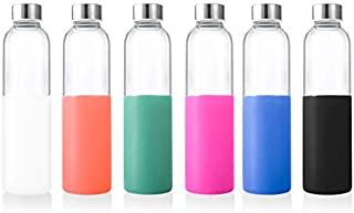 Glass Water Bottle Eco-Friendly Glass Water Bottle Wide Mouth Stainless Steel Leak-Proof Cap BPA-Free with A Non-Slip Sleeve and A Cleaning Brush for Sports and Travel (20 oz) multi color 6 pack