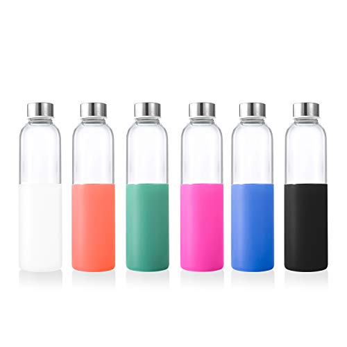 Glass Water Bottle Eco-Friendly Glass Water Bottle Wide Mouth Stainless Steel Leak-Proof Cap BPA-Free with A Non-Slip Sleeve and A Cleaning Brush for Sports and Travel (20 oz) multi color 6 pack