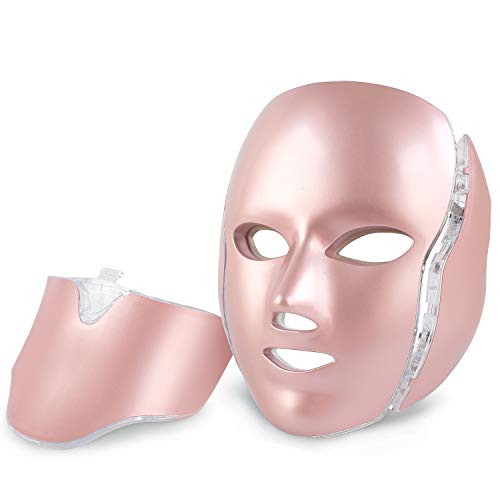 LED Skin Face Care Mask, 7 Colors Light Photon Therapy Mask Beauty Machine, Face Neck Skin Rejuvenation Tightening Wrinkles Anti Aging Toning Mask, Home Light Therapy Facial Mask, Rose Gold