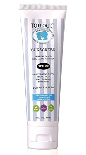 TotLogic Natural Mineral Sunscreen SPF 30, 3 oz | Biodegradable Reef Safe Zinc Oxide Organic Sunblock For Kids | Hypoallergenic, Water Resistant Non Nano Formula
