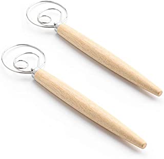 Stainless Steel Danish Dough Whisk, 2 Pack Bread Dough Hand Mixer Wooden Handle Kitchen Baking Tools for Cake Dessert Bread Pizza Pastry Food