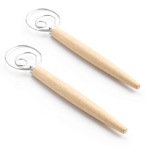 Stainless Steel Danish Dough Whisk, 2 Pack Bread Dough Hand Mixer Wooden Handle Kitchen Baking Tools for Cake Dessert Bread Pizza Pastry Food