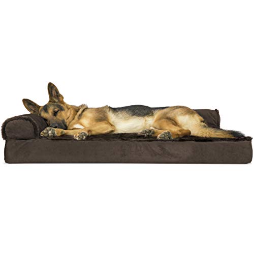 Furhaven Pet Dog Bed - Deluxe Orthopedic Plush Faux Fur and Velvet L Shaped Chaise Lounge Living Room Corner Couch Pet Bed with Removable Cover for Dogs and Cats, Sable Brown, Jumbo