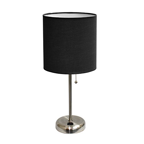 Limelights LT2024-BLK Brushed Steel Lamp with Charging Outlet and Fabric Shade, Black