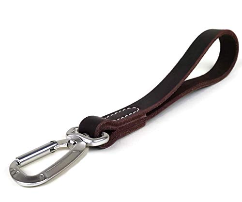 Mighty Paw Leather Leash Tab, 12 Short Dog Leash with Carabiner Clip, Training Traffic Lead for Large Dogs (Brown, 12 Inch)