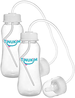 Tinukim iFeed 9 Ounce Self Feeding Baby Bottle with Tube - Handless Anti-Colic Nursing System, White - 2-Pack