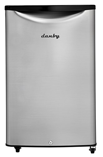 Danby DAR044A6BSLDBO 4.4 Cu.Ft. Outdoor Mini, IPX4-Rated Look All Fridge for Patio, Cabana, Pool Bar, E-Star Rated, in Black with Stainless, Spotless Steel