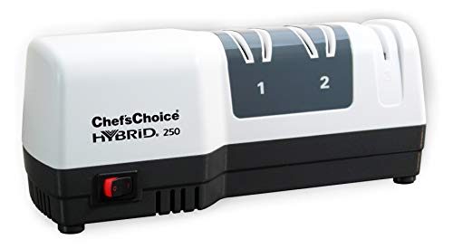 Chef'sChoice 250 Hone Hybrid Combines Electric and Manual Sharpening for Straight and Serrated 20-degree Knives Uses Diamond Abrasives for Sharp Durable Edges, 3-Stage, White