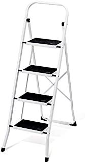 Delxo Folding 4 Step Ladder with Convenient Handgrip Anti-Slip Sturdy and Wide Pedal 300lbs Portable Steel Step Stool White and Black 4-Feet