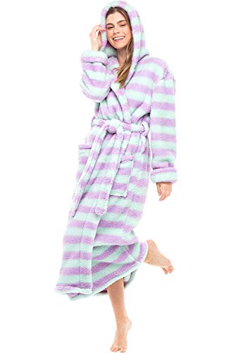 Alexander Del Rossa Women's Plush Fleece Robe with Hood, Long Warm Bathrobe, Small-Medium Purple and Green Striped (A0304P11MD)