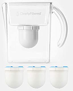 Clearly Filtered Water Filter Pitcher + Three Replacement Filters, Water Filtration System Removes Chlorine, Lead, Mercury, Chromium 6, Fluoride, Arsenic