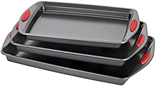 Rachael Ray 47423 Bakeware Set Nonstick Cookie Baking Sheets, 3 Piece, Gray with Red Grips