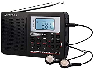 Retekess V111 Portable AM FM Shortwave Radio Alarm Clock Battery Operated AA Battery with Earphones Jack Sleep Timer for Travel(Black)