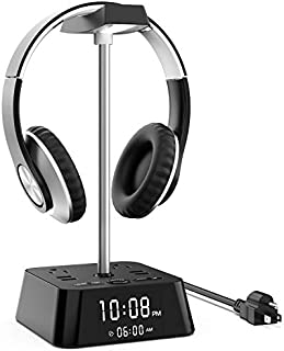 KDrive Headphone Stand with 4 USB Charging Port, 2 AC Outlet, LED Desk Lamp Lighting, HD Clock Display - Universal Sizes, Gaming Headset Hanger Organizer