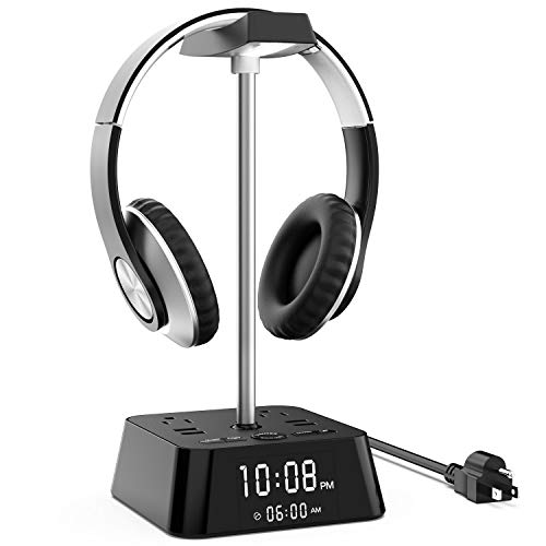 KDrive Headphone Stand with 4 USB Charging Port, 2 AC Outlet, LED Desk Lamp Lighting, HD Clock Display - Universal Sizes, Gaming Headset Hanger Organizer