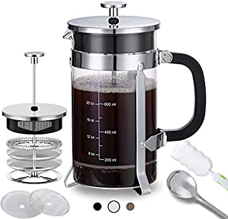 French Press Coffee Maker (34 oz) with 4 Filters - 304 Durable Stainless SteelHeat Resistant Borosilicate Glass Coffee Pot Percolator, BPA Free, Silver