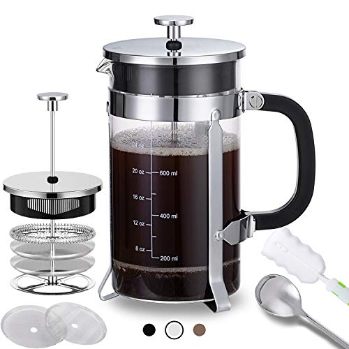 French Press Coffee Maker (34 oz) with 4 Filters - 304 Durable Stainless SteelHeat Resistant Borosilicate Glass Coffee Pot Percolator, BPA Free, Silver