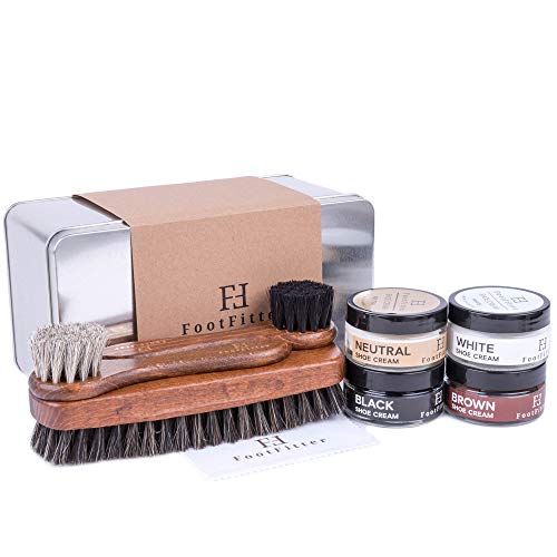 FootFitter Shoe Shine Brush and Polishing Set - (4) Shoe Creams, (3) Horsehair Brushes, (2) Microfiber Shine Cloths, (1) Gift Tin!