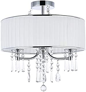 A1A9 Modern 3-Light Drum Pendant Lighting Fixture, 16'' White Fabric Shade, Semi Flush Mount Ceiling Lights with Crystal, Chrome Finish Chandelier for Entryway, Hallway, Dining Room and Bedroom