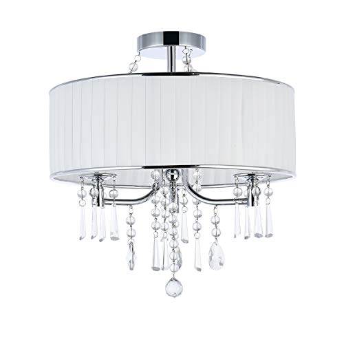 A1A9 Modern 3-Light Drum Pendant Lighting Fixture, 16'' White Fabric Shade, Semi Flush Mount Ceiling Lights with Crystal, Chrome Finish Chandelier for Entryway, Hallway, Dining Room and Bedroom