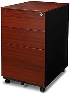 Aurora FC-103RT Modern Soho Design 3-Drawer Metal Mobile File Cabinet with Lock Key/Fully Assembled, Metallic Charcoal/Red Teak