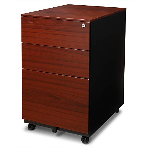 Aurora FC-103RT Modern Soho Design 3-Drawer Metal Mobile File Cabinet with Lock Key/Fully Assembled, Metallic Charcoal/Red Teak