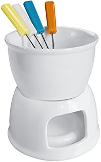 Tebery Fondue Set With 4 Color Forks, Premium Tea Light Porcelain Melting Pot For Cheese, Chocolate and Tapas - White