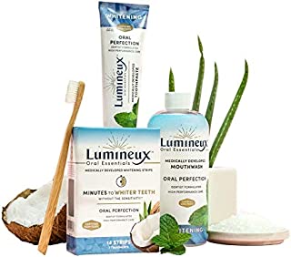 Lumineux Oral Essentials Teeth Whitening Kit - 7 Whitening Strip Treatments, Whitening Mouthwash 16oz, Whitening Toothpaste 3.5oz, Bamboo Toothbrush, Certified Non Toxic Sensitivity Free Peroxide Free