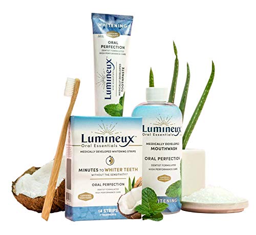 Lumineux Oral Essentials Teeth Whitening Kit - 7 Whitening Strip Treatments, Whitening Mouthwash 16oz, Whitening Toothpaste 3.5oz, Bamboo Toothbrush, Certified Non Toxic Sensitivity Free Peroxide Free