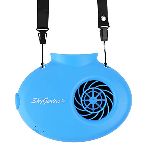 SkyGenius Battery Operated Necklace Fan, Mini Portable USB Rechargeable Fan for Personal Cooling, Kids, Gift, Camping, Outdoor Event, Travel, Concerts, Church, Hot Flash (New Version, Blue)