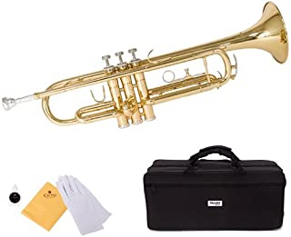 Mendini by Cecilio Gold Brass Standard Bb Trumpet with Hard Case, Gloves, 7C Mouthpiece, and Valve Oil