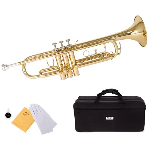 Mendini by Cecilio Gold Brass Standard Bb Trumpet with Hard Case, Gloves, 7C Mouthpiece, and Valve Oil