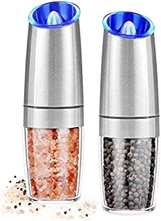 AVNICUD Electric Salt and Pepper Grinder, Automatic Pepper Mill, Gravity Salt Grinder, Battery-Operated with Adjustable Coarseness, LED Light, One Hand Operated (Silver 2Pack)