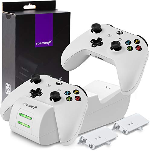 Fosmon Xbox One/One X/One S/One Elite Dual Controller Charger, [Dual Slot] High Speed Docking Charging Station with 2 x 1000mAh Rechargeable Battery Packs - White