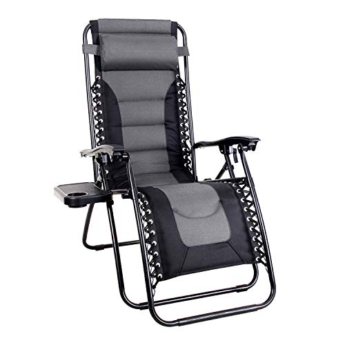 MFSTUDIO Zero Gravity Chair Large Portable Patio Recliners Adjustable Padded Folding Chair with Cup Holder for Poolside Outdoor Yard Beach, Gray