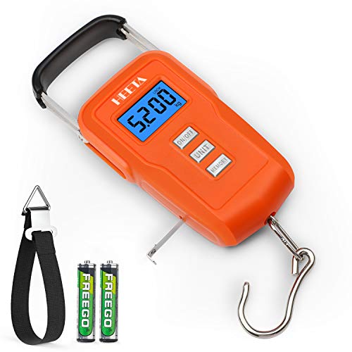 HEETA Fish Scale Upgraded Memory Function with Backlit LCD Display, Digital Portable Hanging Scale with Measuring Tape for Home and Outdoor Use, 2 AAA Batteries (Orange)