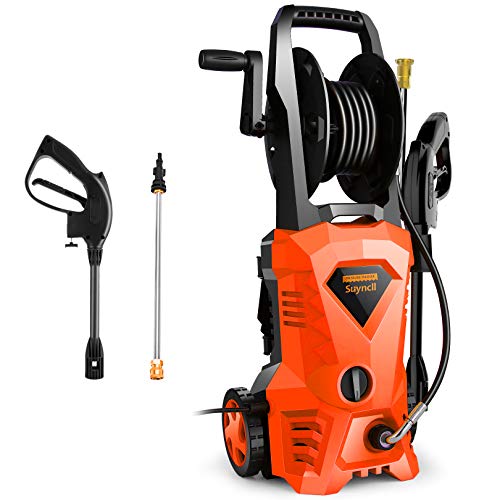 Suyncll Pressure Washer 3000PSI Electric Power Washer with Hose Reel and Brush,High Pressure Washer for Driveway Fence Patio Deck Cleaning (Orange)