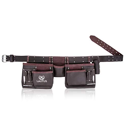 LAUTUS Oil Tanned Leather Tool Belt/Pouch/Bag, Carpenter, Construction, Framers, Handyman, Electrician - 100% LEATHER