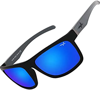 Fishing Sunglasses Polarized for Men, Blue Mirrored Driving Running Sport Glasses XL,HD Nylon Lens UV400 Protectiont Matte Black TR90 Lightweight (Black/Grey+Blue Lens)