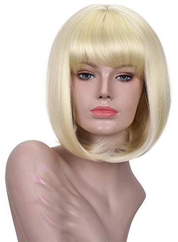 Annivia Platinum Blonde Short Wig for White Women 12'' Quality Cosplay Blonde Wig Natural As Real Human Hair Heat Resistant Synthetic Short Bob Wigs with Bangs (Blonde) 