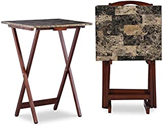 Linon Home Decor Tray Table Set, Faux Marble, Brown