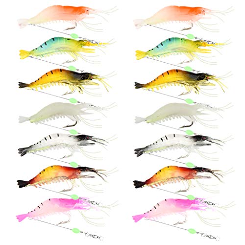 14pcs Shrimp Bait Artificial Silicone Soft Baits Luminous Fishing Lure with Sharp Hooks Fishing Tackles Freshwater/Saltwater