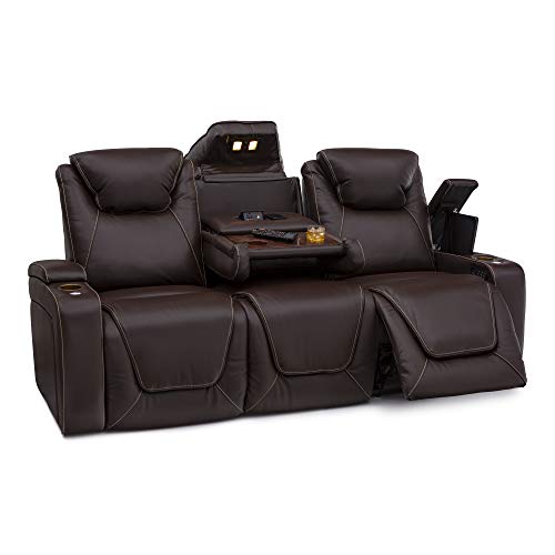 Seatcraft Vienna Home Theater Seating Leather Sofa Recline, Adjustable Headrest, Powered Lumbar Support, and Cup Holders (Sofa, Brown)